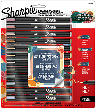 Sharpie Creative Markers, Warm Tones, Water-Based Acrylic Markers, Fine Tip, Assorted Colors, 12 Count