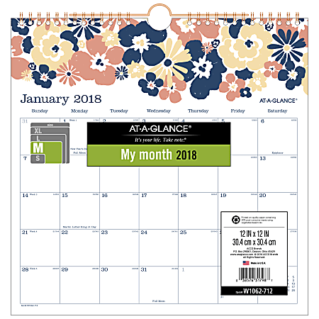 AT-A-GLANCE® Isla Monthly Wall Calendar, 12" x 12 1/4", 30% Recycled, Multicolor, January 2018 to December 2018