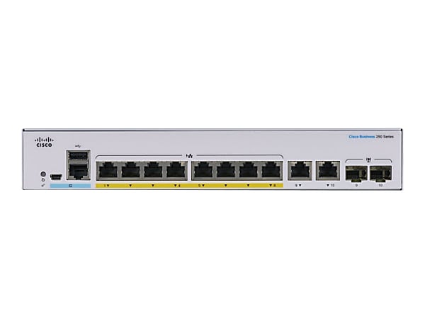 Cisco 250 CBS250-8P-E-2G Ethernet Switch - 8 Ports - Manageable - 2 Layer Supported - Modular - 2 SFP Slots - CBS2508PE2GNA