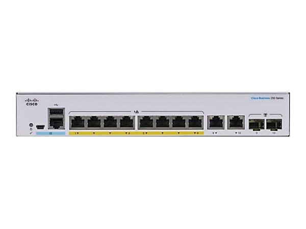 Cisco 250 CBS250-8P-E-2G Ethernet Switch - 8 Ports - Manageable - 2 Layer Supported - Modular - 2 SFP Slots - 80.86 W Power Consumption - 67 W PoE Budget - Optical Fiber, Twisted Pair - PoE Ports - Rack-mountable - Lifetime Limited Warranty