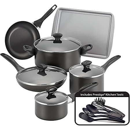 Farberware 15-Piece Cookware Set, Black - 1 quart Saucepan, 2 quart Saucepan, 5 quart Dutch Oven, 8" Diameter Skillet, 10" Diameter Skillet, Cookie Sheet, Lid - Aluminum, Glass Lid, Rubber Handle - Cooking, Baking - Dishwasher Safe - Oven Safe - Black