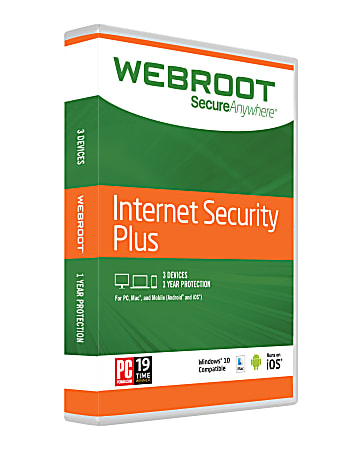 Webroot® SecureAnywhere™ Internet Security Plus With Antivirus, 3 Devices, 1 Year Subscription, For PC/Mac®, Disc