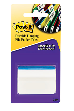 Post-it® Durable Hanging File Folder Tabs, Angled Lined, 2" x 1 1/2", Blue, Pack Of 50