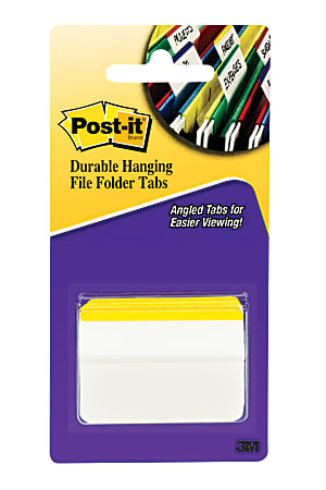 Post-it® Durable Hanging File Folder Tabs, Angled Lined, 2" x 1 1/2", Yellow, Pack Of 50