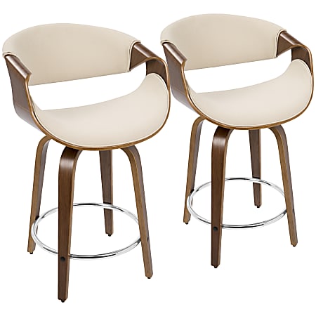 LumiSource Curvini Mid-Century Modern Counter Stools, Walnut/Cream, Set Of 2 Stools