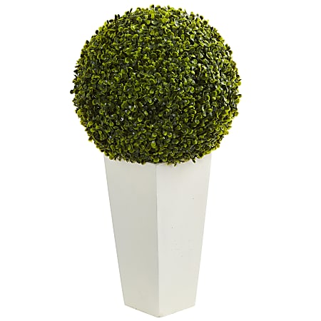 Nearly Natural Boxwood Topiary Ball 28”H Artificial Indoor/Outdoor Plant With Tower Planter, 28”H x 15”W x 15”W, Green/White