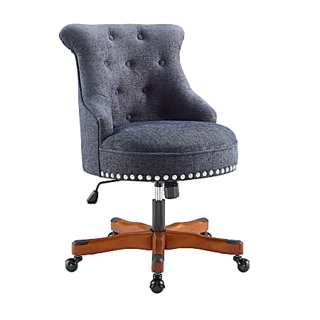 Linon Dallas Fabric Mid-Back Home Office Chair, Dark Blue/Dark Walnut