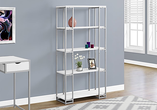 Monarch Specialties 4-Shelf Contemporary Metal Bookcase, White/Silver