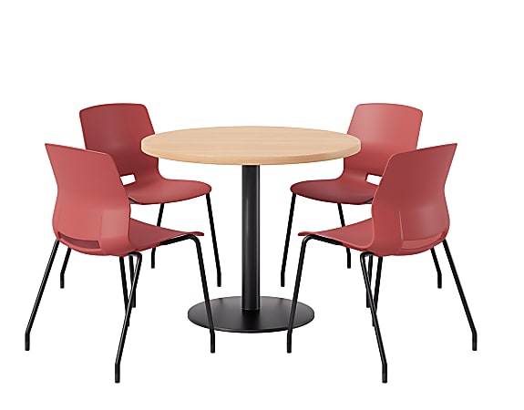 KFI Studios Midtown Pedestal Round Standard Height Table Set With Imme Armless Chairs, 31-3/4”H x 22”W x 19-3/4”D, Maple Top/Black Base/Coral Chairs