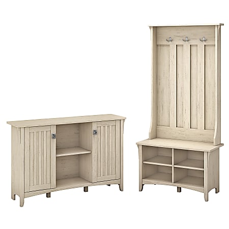 Bush Furniture Salinas Entryway Storage Set with Hall Tree, Shoe Bench and Accent Cabinet, Antique White, Standard Delivery