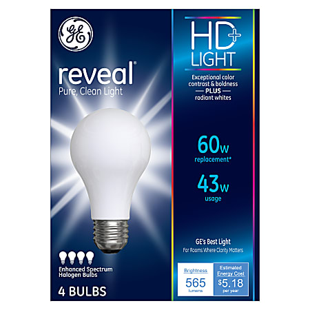 GE Lighting Halogen Light Bulbs, A19, 43 Watts, Pack Of 4 Bulbs