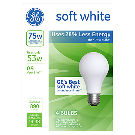 GE A19 Energy-Efficient Soft White Light Bulbs, 53 Watts, Pack Of 4