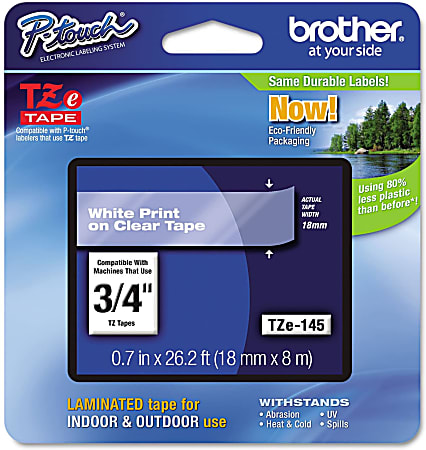 Brother TZe 145 White On Clear Tape 0.75 x 26.2 - Office Depot