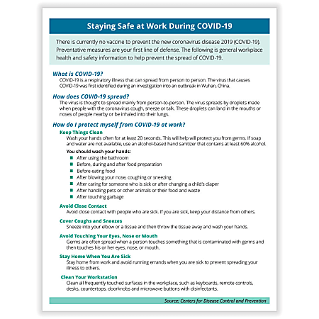 ComplyRight™ Coronavirus (COVID-19) Handouts, Prevention And Stress Management, English, 8-1/2" x 11", Pack Of 50 Handouts
