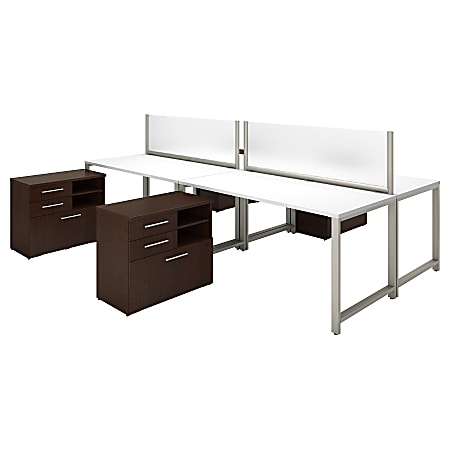 Bush Business Furniture 400 Series 4-Person Workstation With Table Desks And Storage, 60"W x 30"D, Mocha Cherry/White, Standard Delivery
