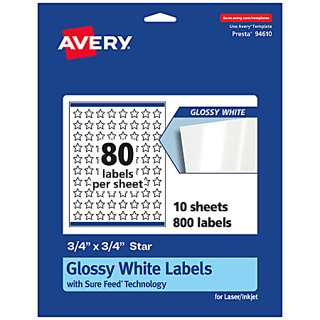 Avery® Glossy Permanent Labels With Sure Feed®, 94610-WGP10, Star, 3/4" x 3/4", White, Pack Of 800