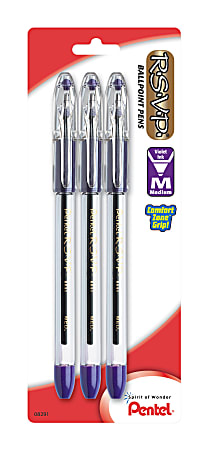 Pentel® R.S.V.P.® Ballpoint Pens, Medium Point, 1.0 mm, Clear Barrel, Violet Ink, Pack Of 3