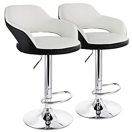 Elama Adjustable Faux Leather Bar Stools, White/Black/Chrome, Set Of 2 Stools