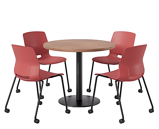 KFI Studios Proof Cafe Round Pedestal Table With Imme Caster Chairs, Includes 4 Chairs, 29”H x 36”W x 36”D, River Cherry Top/Black Base/Coral Chairs