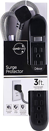 Cordinate 6-Outlet Surge Protector, 3' Cord, Black/Gray, 41637