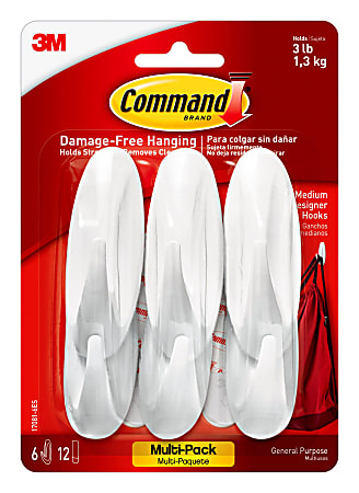 Command Medium General Purpose Removable Designer Plastic Hooks, 6-Command Hooks, 12-Command Strips, Damage-Free, White