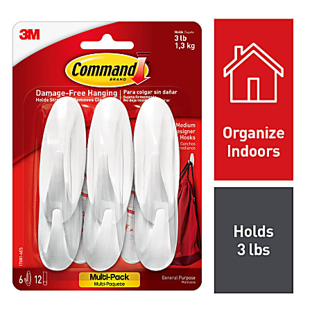 Command Medium General Purpose Removable Designer Plastic Hooks 6 Command  Hooks 12 Command Strips Damage Free White - Office Depot