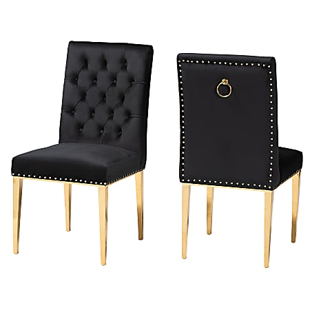 Baxton Studio Caspera Velvet Fabric And Metal Dining Accent Chair Set, Glam/Luxe Black/Gold, Set Of 2 Chairs