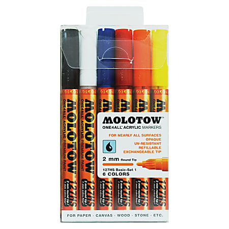 MOLOTOW One4All 2mm Acrylic Markers Basic Set - 2 mm Marker Point Size - Round Marker Point Style - Refillable - Signal White, True Blue, Dare Orange, Traffic Red, Signal Black, Signal Black - 6 / Set