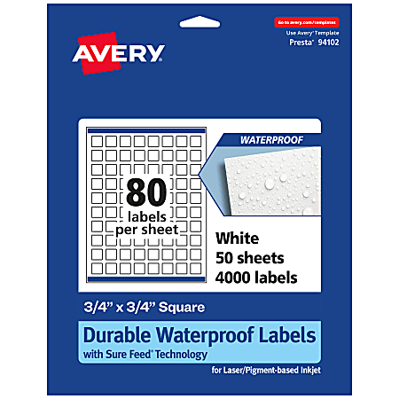 Avery® Waterproof Permanent Labels With Sure Feed®, 94102-WMF50, Square, 3/4" x 3/4", White, Pack Of 4,000