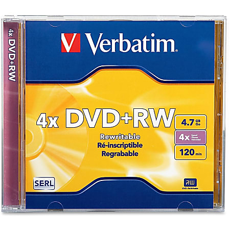 Verbatim DVD+RW 4.7GB 4X with Branded Surface - 1pk Jewel Case - 2 Hour Maximum Recording Time