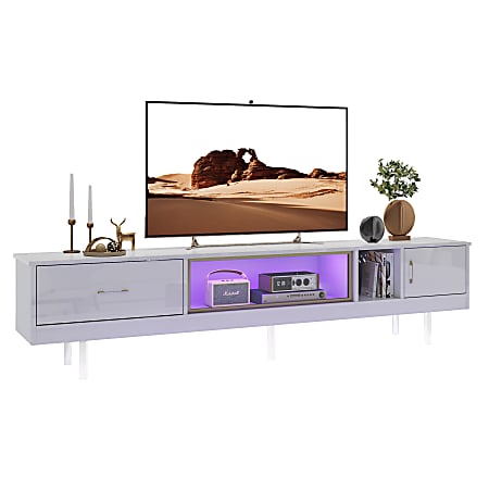 Bestier 80" Acrylic Floating TV Stand For 85" TV With Drawer & Storage Cabinet, 20-5/8”H x 80”W x 13-13/16”D, White/Gold
