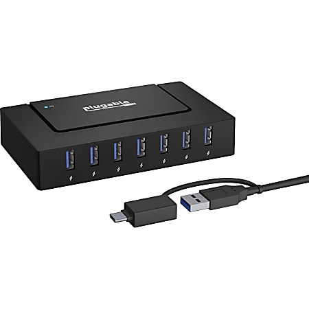 7 Port USB Charging Hub for Laptops with USB-C or USB 3.0 - Plugable USB Charging Station for Multiple Devices and USB Data Transfer with a 60W Power Adapter