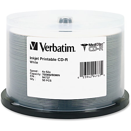 Verbatim MediDisc CD-R 700MB 52X White Inkjet Printable with Branded Hub - 50pk Spindle - Inkjet Printable