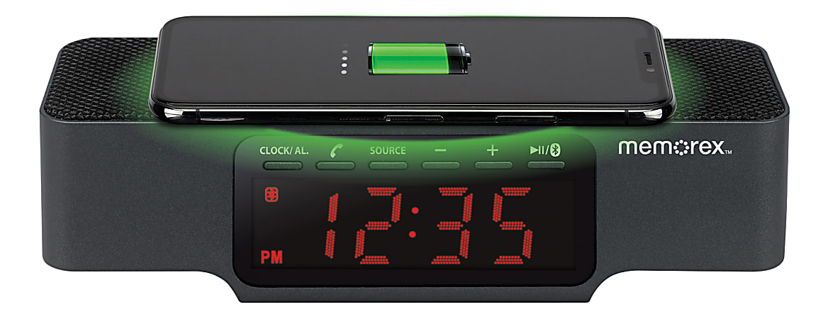Memorex® Digital Clock Radio With Wireless Charging, 2-1/16"H x 2-3/8"W x 7-3/4"D, Black