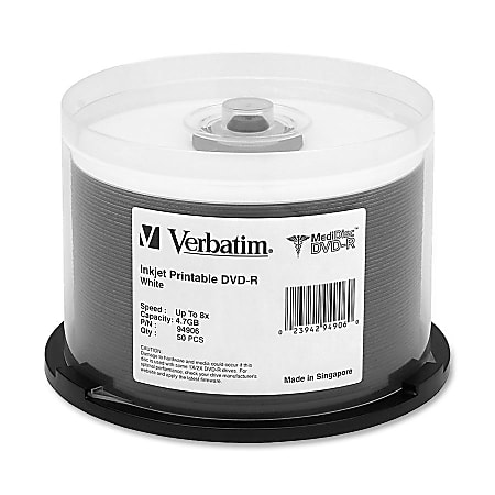 Verbatim MediDisc DVD-R 4.7GB 8X White Inkjet Printable with Branded Hub - 50pk Spindle - Inkjet Printable