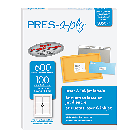 Avery PRES-a-ply™ Labels for Laser and Inkjet Printers, AVE30604, Rectangle, 3 1/3"W x 4"L, White, Box Of 600