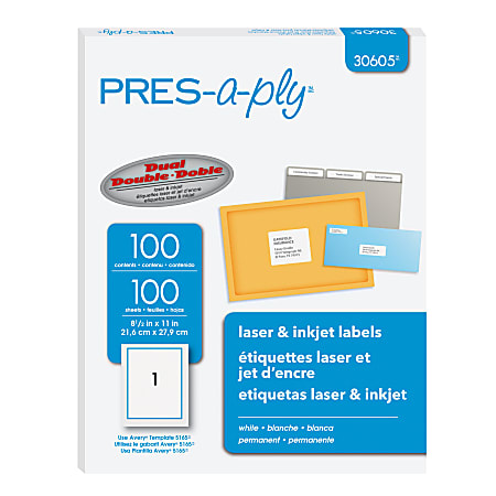 PRES-a-ply™Labels for Laser and Inkjet Printers, AVE30605, Rectangle, 8 1/2"W x 11"L, White, Box Of 100