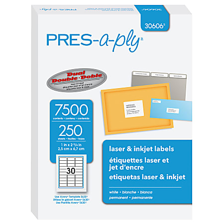 Avery PRES-a-ply™ Labels for Laser and Inkjet Printers, AVE30606, Rectangle, 1"W x 2 5/8"L, White, Box Of 7,500
