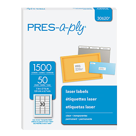 PRES-a-ply Labels for Laser and Inkjet Printers - Permanent Adhesive - 2 5/8" Width x 1" Length - Rectangle - Laser - Clear - 1500 / Box