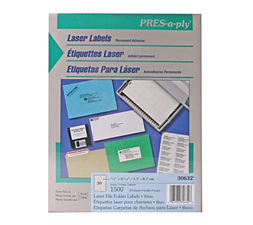 Avery Pres-A-Ply Laser Printer Labels - Laser File Folder Labels, 3-7/16"x2/3", White, Box of 1500