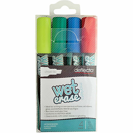 Deflecto Chisel Tip Wet-Erase Markers, Chisel Point Style, Green, Red, Blue, Yellow, Pack Of 4