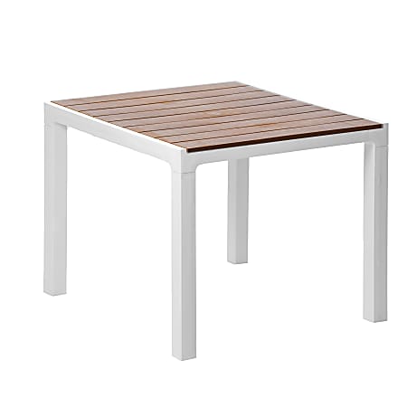 Inval Madeira 4-Seat Square Plastic Patio Dining Table, 29-3/16” x 35-7/16”, White/Teak Brown