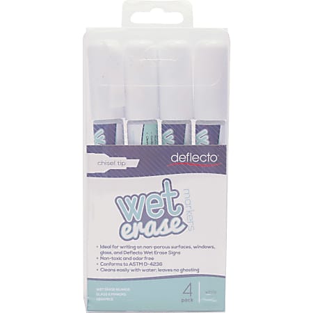 deflecto Nontoxic Chisel Tip Wet-erase Markers - Fine, Bold Point Type - Chisel Point Style - White - 4 / Pack