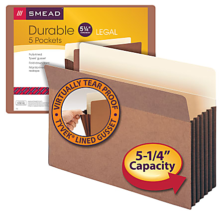 Smead® Expanding File Pocket With Tyvek® Gusset, Legal Size, 5 1/4" Expansion, 9 1/2" x 14 3/4", 30% Recycled, Redrope, Pack Of 5