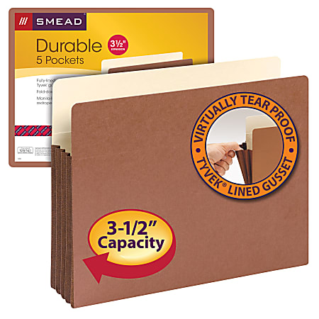 Smead® Expanding File Pocket With Tyvek® Gusset, Letter Size, 3 1/2" Expansion, 9 1/2" x 11 3/4", 30% Recycled, Redrope, Pack Of 5
