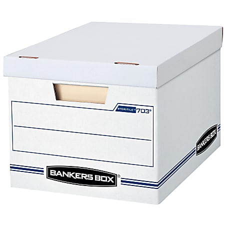 Bankers Box StorFile CheckDeposit Slip Storage Box With Flip Top Closure 24  x 9 x 4 60percent Recycled WhiteBlue - Office Depot