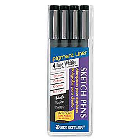 Staedtler® Pigment Liner Sketch Pens, Microtip Point, 0.1 mm; 0.3 mm; 0.5 mm; 0.7 mm, Black Barrel, Black Ink, Pack Of 4