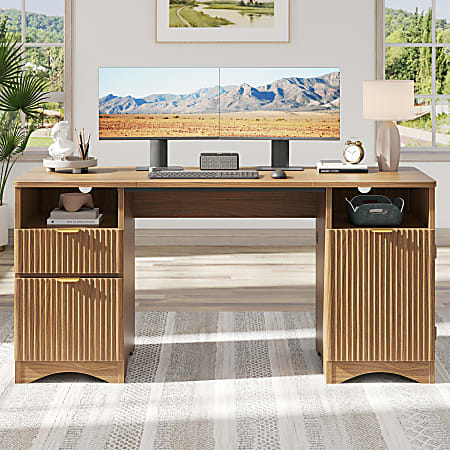 Bestier 60"W Fluted Executive Desk With Drawers/Cabinet, Brown Oak