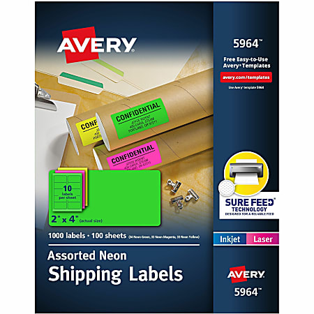Avery® High-Visibility Shipping Labels, AVE5964, 2" x 4", Assorted Colors, Box Of 1000