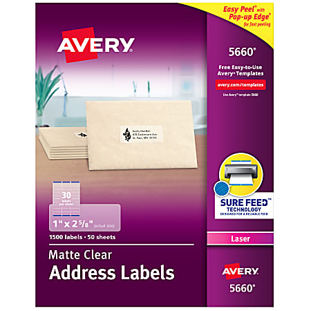 Avery® Matte Address Labels With Sure Feed® Technology, 5660, Rectangle, 1" x 2-5/8", Clear, Pack Of 1,500